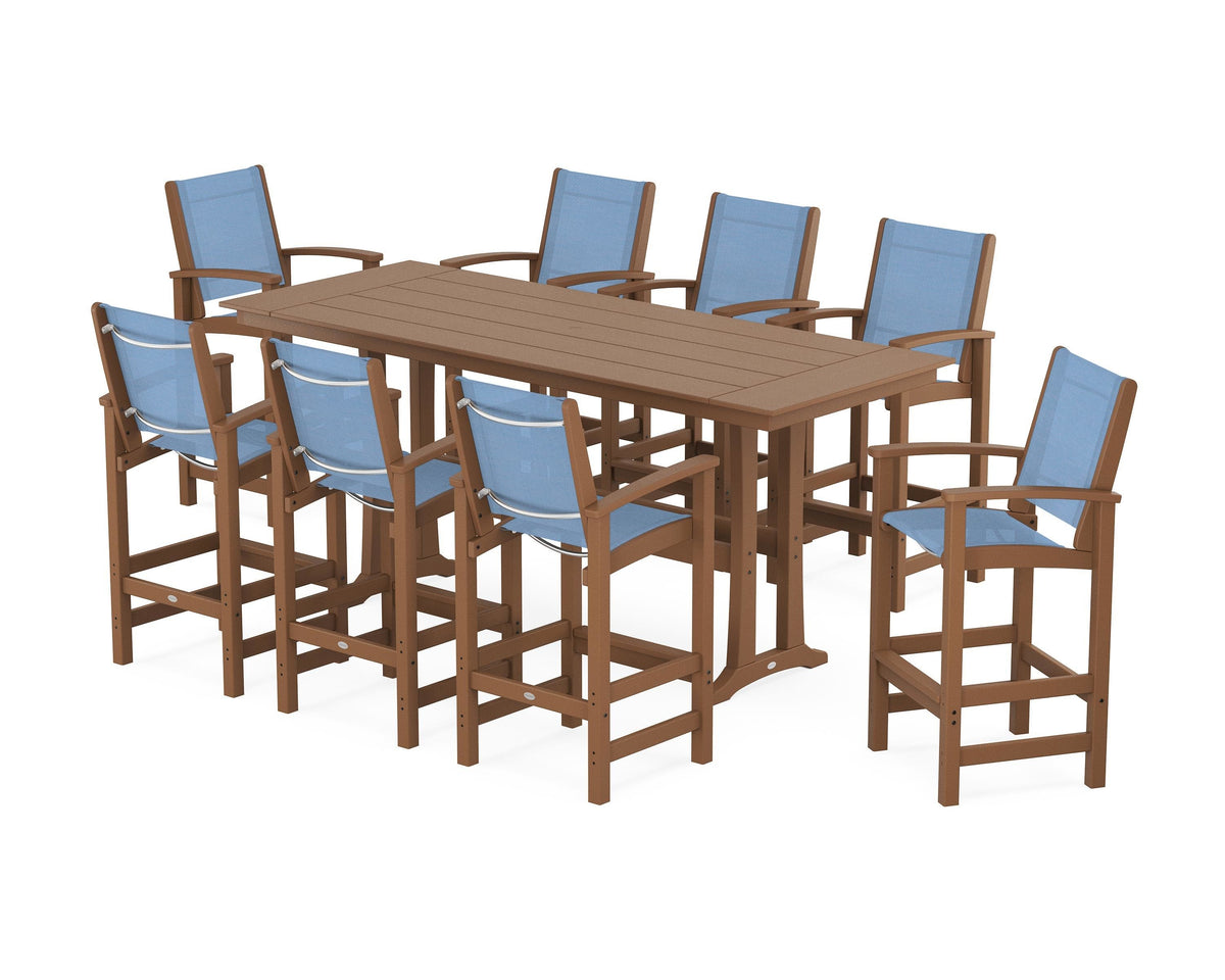 POLYWOOD Coastal 9-Piece Farmhouse Bar Set with Trestle Legs in Teak / Poolside
