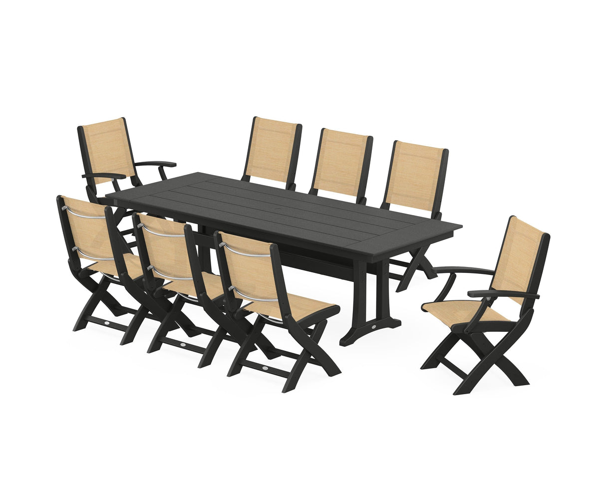 POLYWOOD Coastal 9-Piece Folding Dining Chair Farmhouse Dining Set with Trestle Legs in Black / Dupioni Apricot