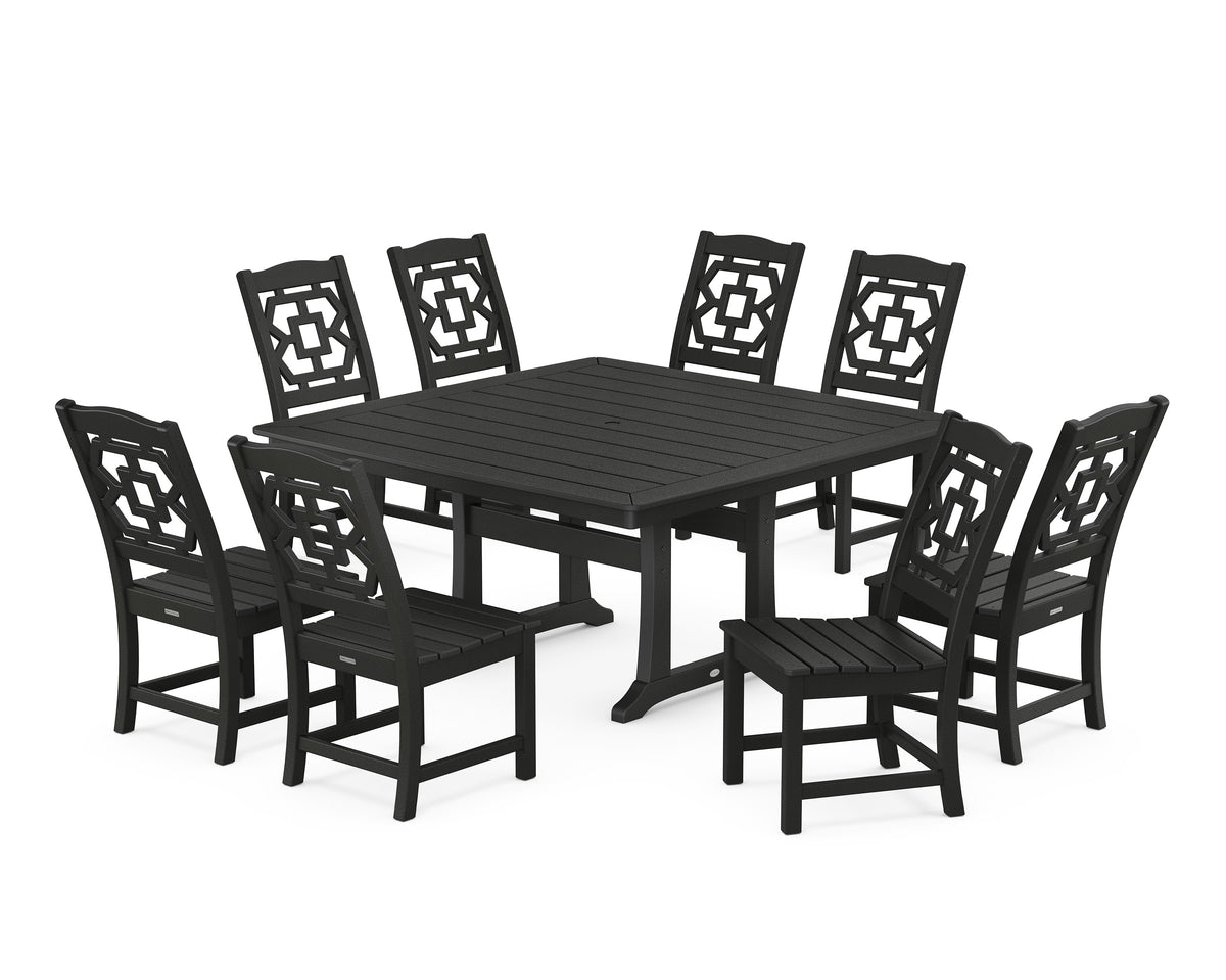 POLYWOOD Chinoiserie 9-Piece Square Side Chair Dining Set with Trestle Legs in Black