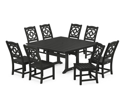 POLYWOOD Chinoiserie 9-Piece Square Side Chair Dining Set with Trestle Legs in Black