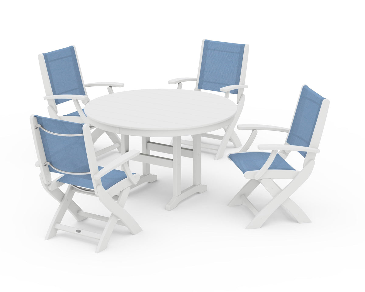 POLYWOOD Coastal Folding Chair 5-Piece Round Dining Set in White / Poolside