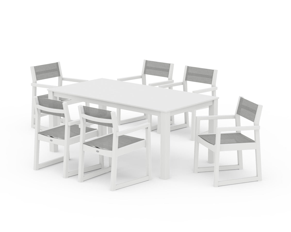 POLYWOOD EDGE Sling Arm Chair 7-Piece Parsons Dining Set in White / Metallic