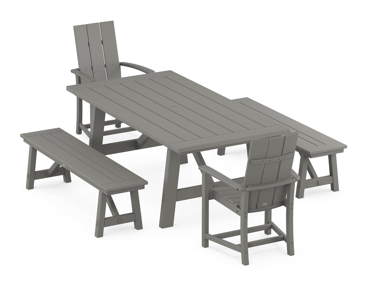 POLYWOOD Modern Adirondack 5-Piece Rustic Farmhouse Dining Set with Benches in Slate Grey