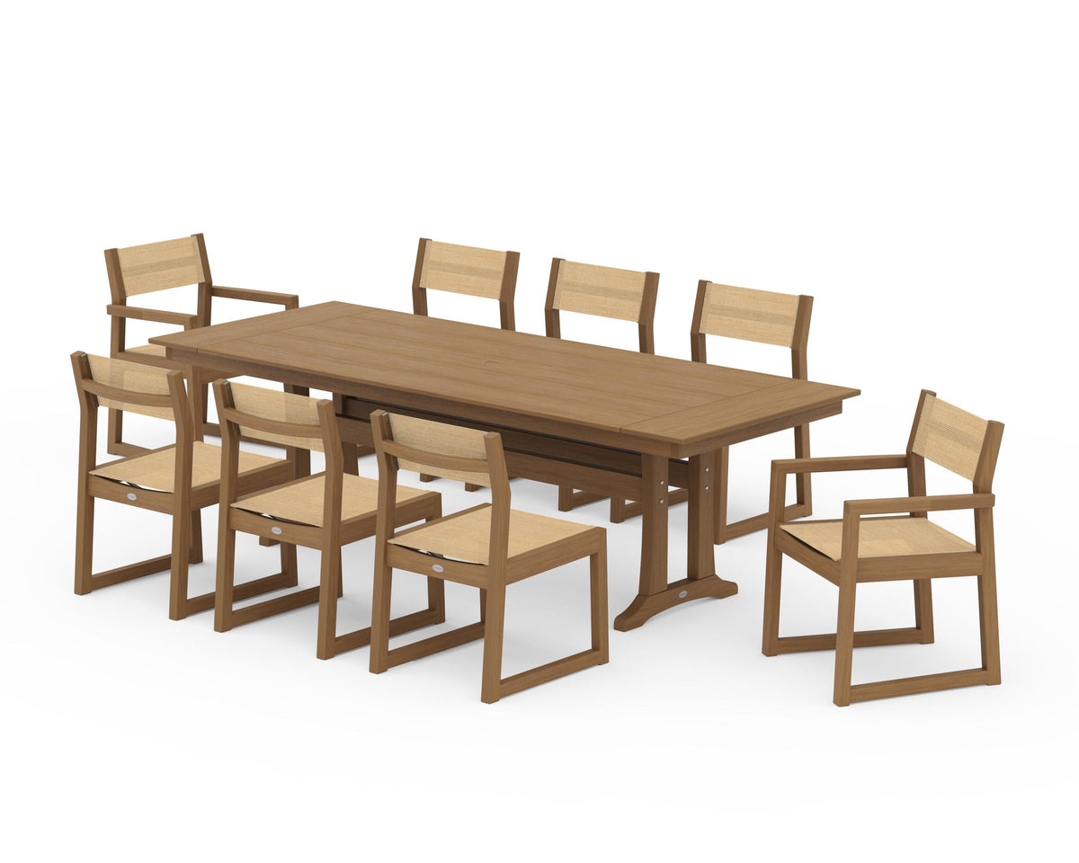 POLYWOOD EDGE Sling 9-Piece Farmhouse Trestle Dining Set in Natural / Dupioni Apricot