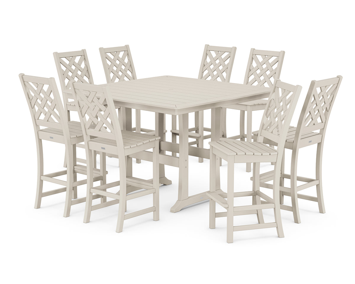 POLYWOOD Country Living Wovendale Side Chair 9-Piece Square Bar Set with Trestle Legs in Sand