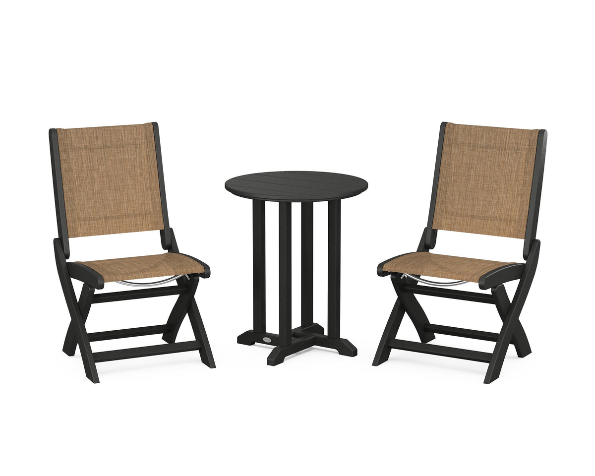 POLYWOOD Coastal Folding Side Chair 3-Piece Round Bistro Dining Set in Black / Burlap