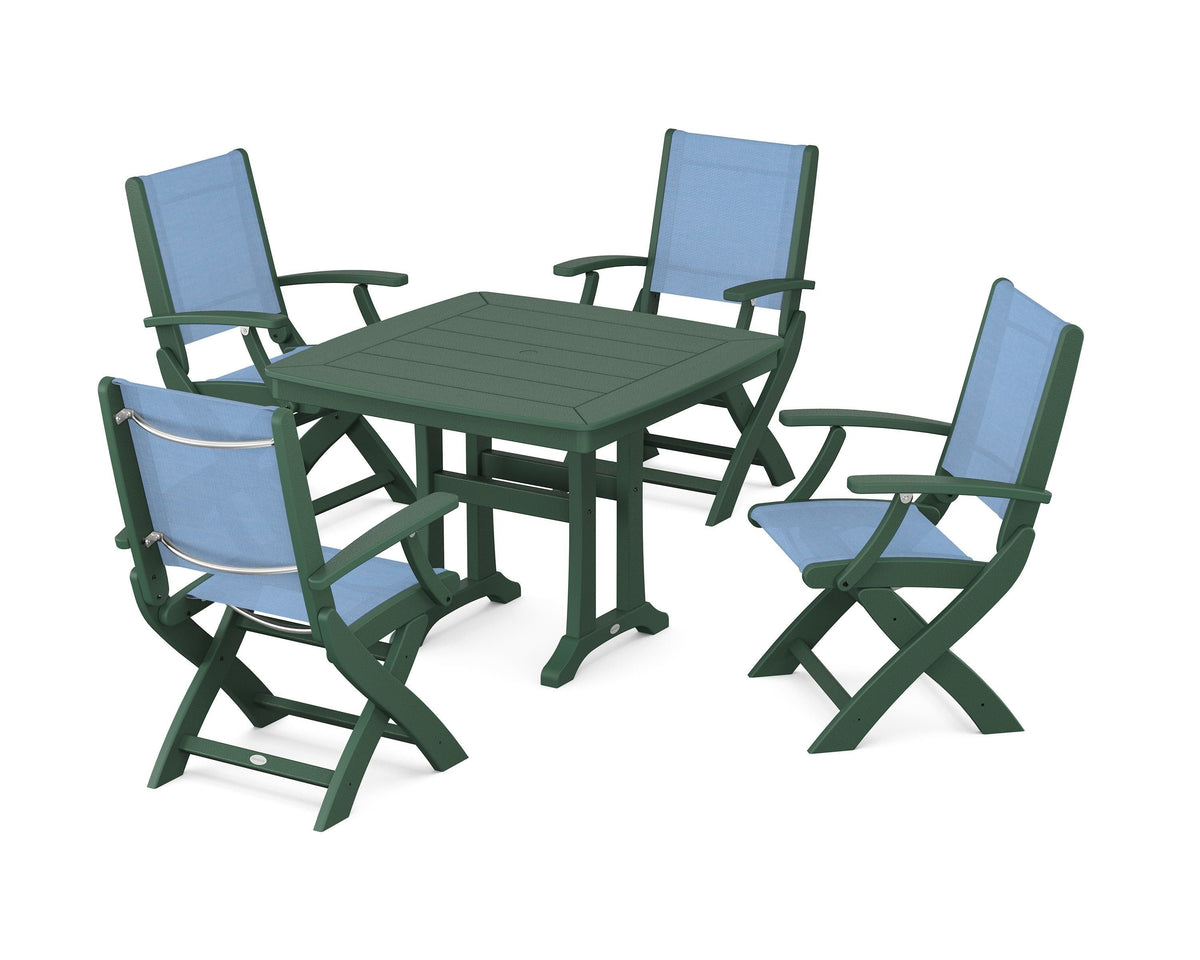 POLYWOOD Coastal Folding Chair 5-Piece Dining Set with Trestle Legs in Green / Poolside