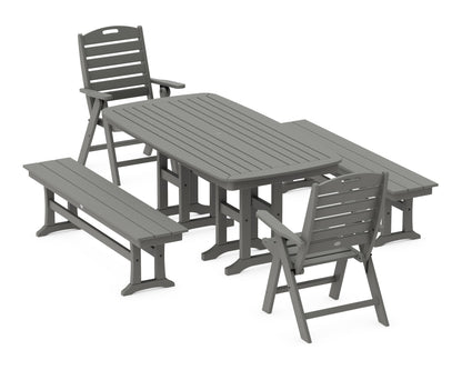 POLYWOOD Nautical Highback 5-Piece Dining Set with Benches in Slate Grey