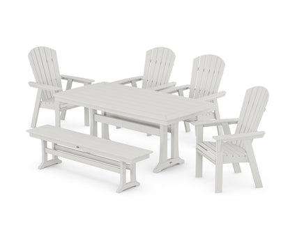 POLYWOOD Nautical Curveback Adirondack 6-Piece Dining Set with Trestle Legs and Bench in Vintage White