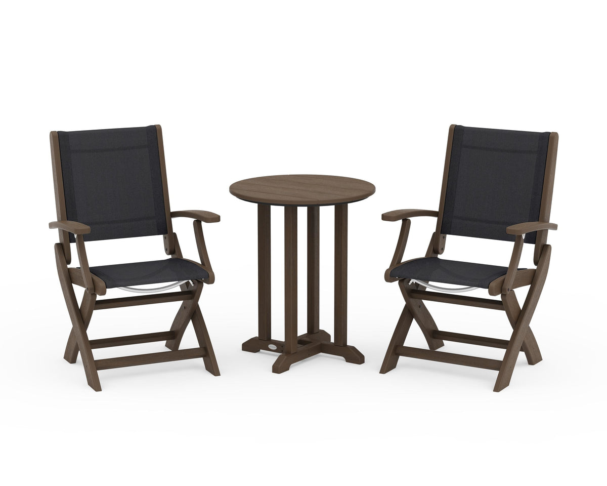POLYWOOD Coastal Folding 3-Piece Round Bistro Dining Set in Kona / Black