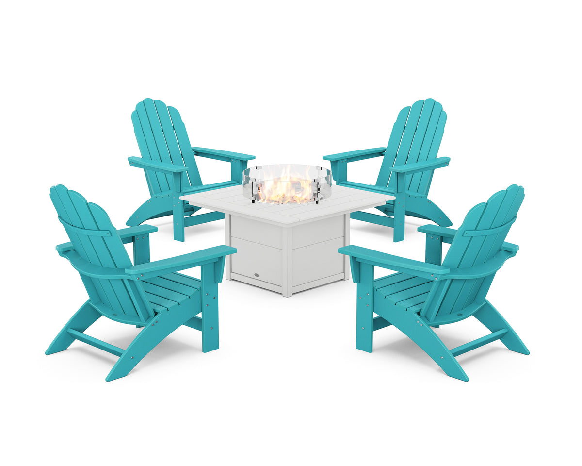 POLYWOOD 5-Piece Vineyard Grand Adirondack Conversation Set with Fire Pit Table in Aruba / White