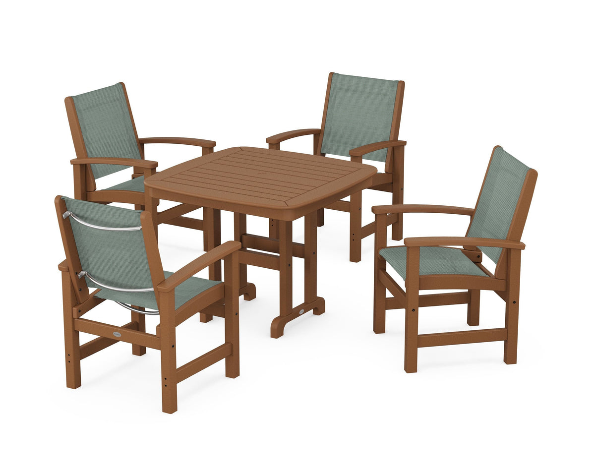 POLYWOOD Coastal 5-Piece Dining Set with Nautical 37" Dining Table in Teak / Dupioni Sea Mist