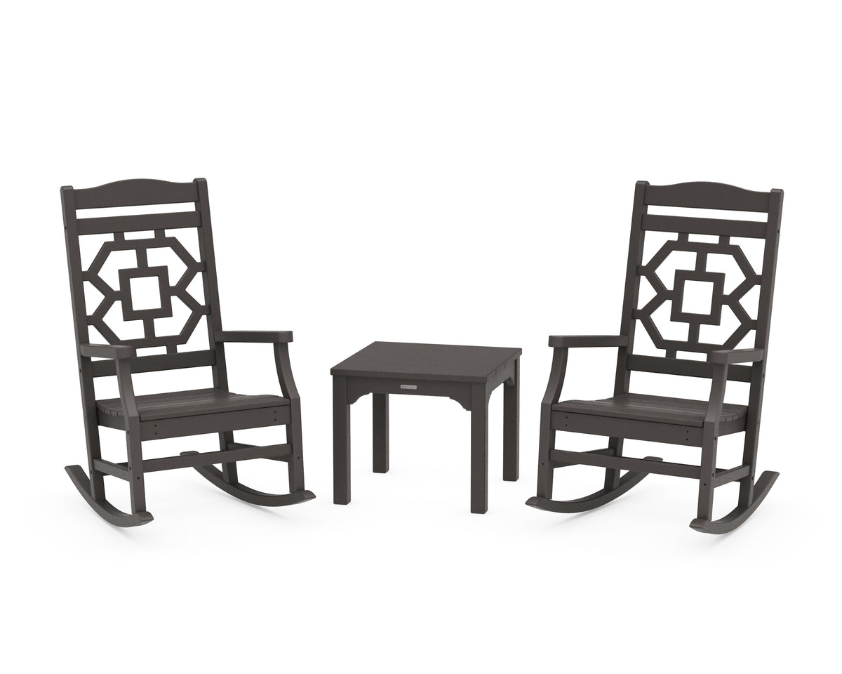 POLYWOOD Chinoiserie 3-Piece Rocking Chair Set in Vintage Coffee