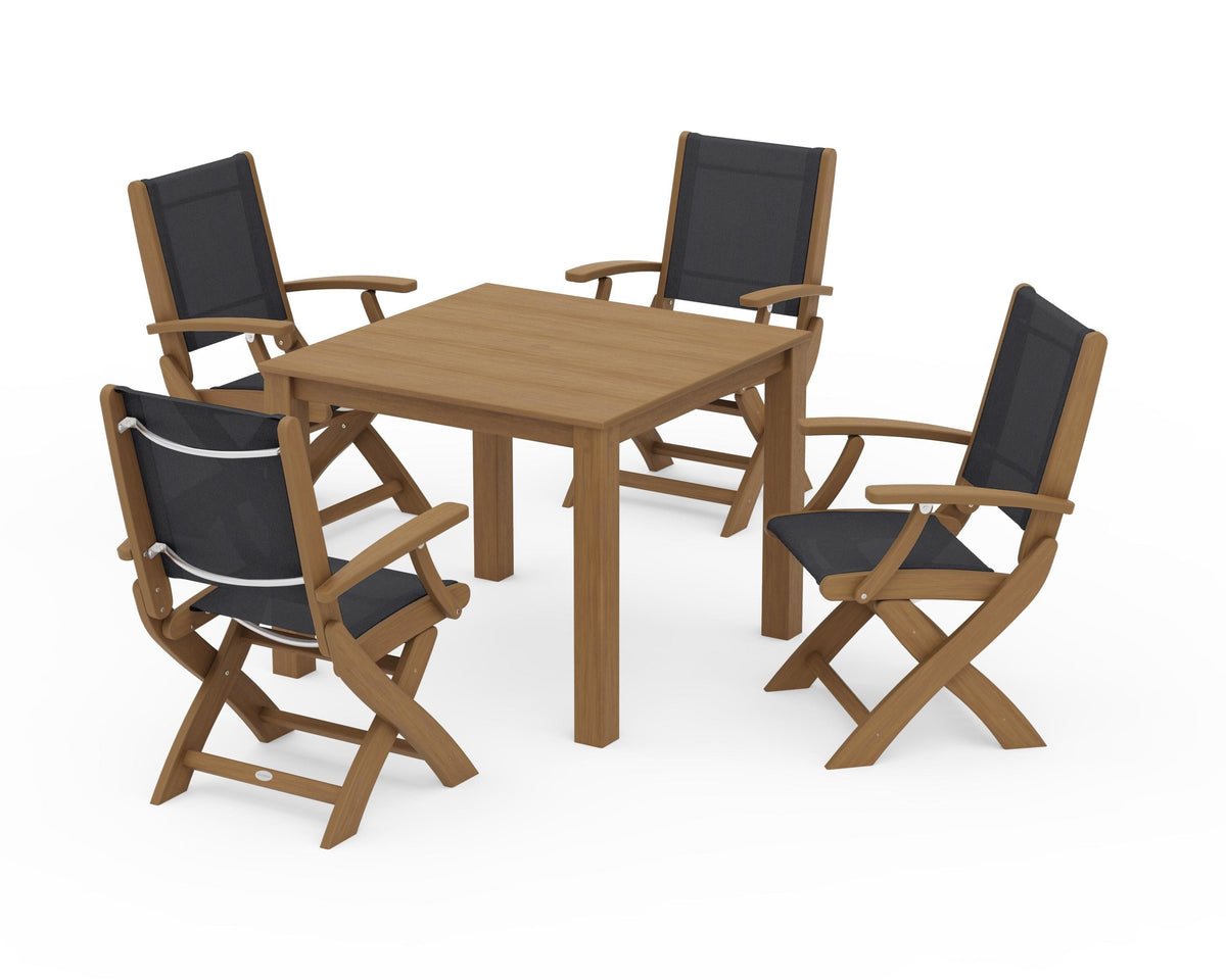 POLYWOOD Coastal Folding Chair 5-Piece Parsons Dining Set in Natural / Black
