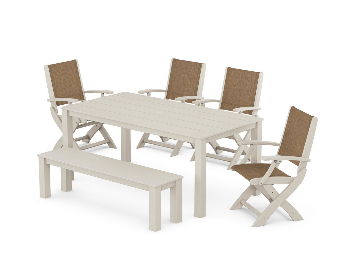 POLYWOOD Coastal Folding Chair 6-Piece Parsons Dining Set with Bench in Sand / Burlap