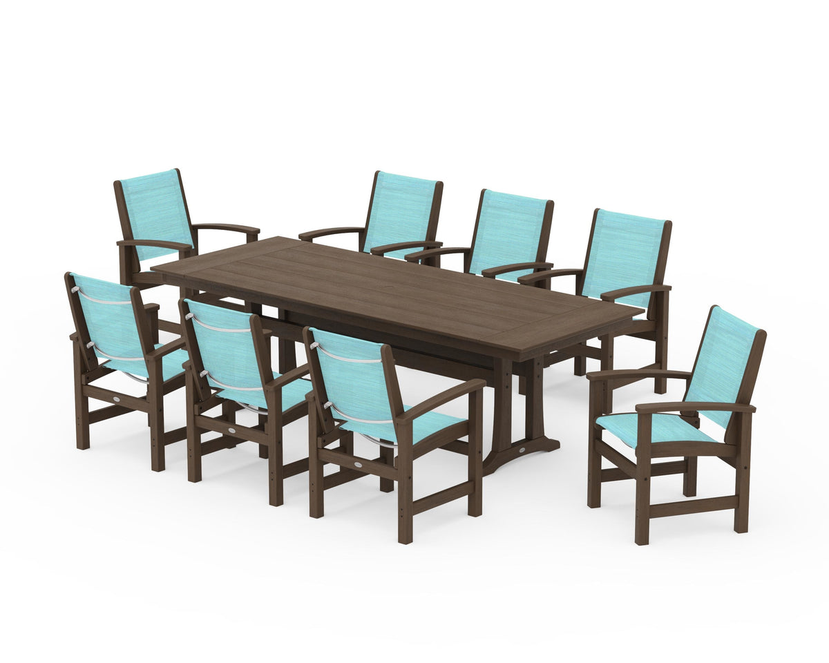 POLYWOOD Coastal 9-Piece Farmhouse Dining Set with Trestle Legs in Kona / Dupioni Aquamarine