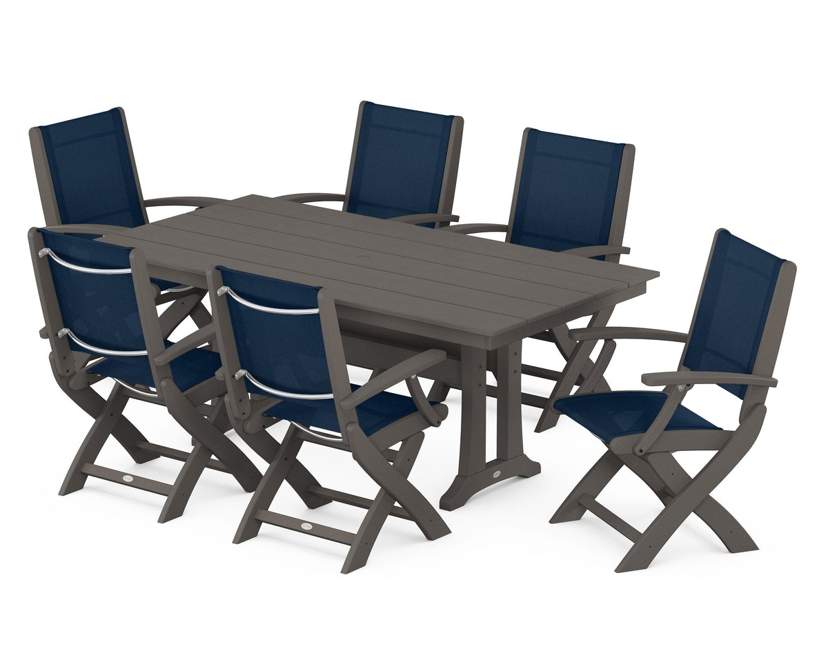 POLYWOOD Coastal Folding Arm Chair 7-Piece Farmhouse Dining Set with Trestle Legs in Vintage Coffee / Navy Blue