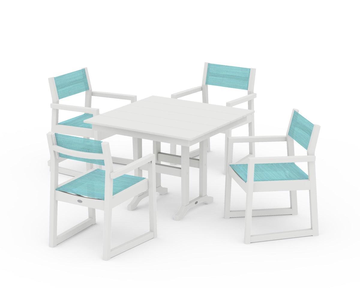 POLYWOOD EDGE Sling Arm Chair 5-Piece Farmhouse Dining Set in Vintage White / Dupioni Aquamarine