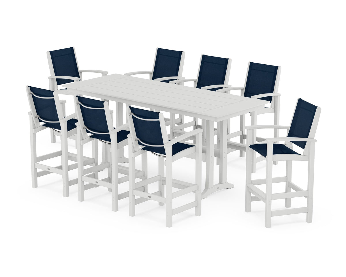 POLYWOOD Coastal 9-Piece Farmhouse Bar Set with Trestle Legs in White / Navy Blue
