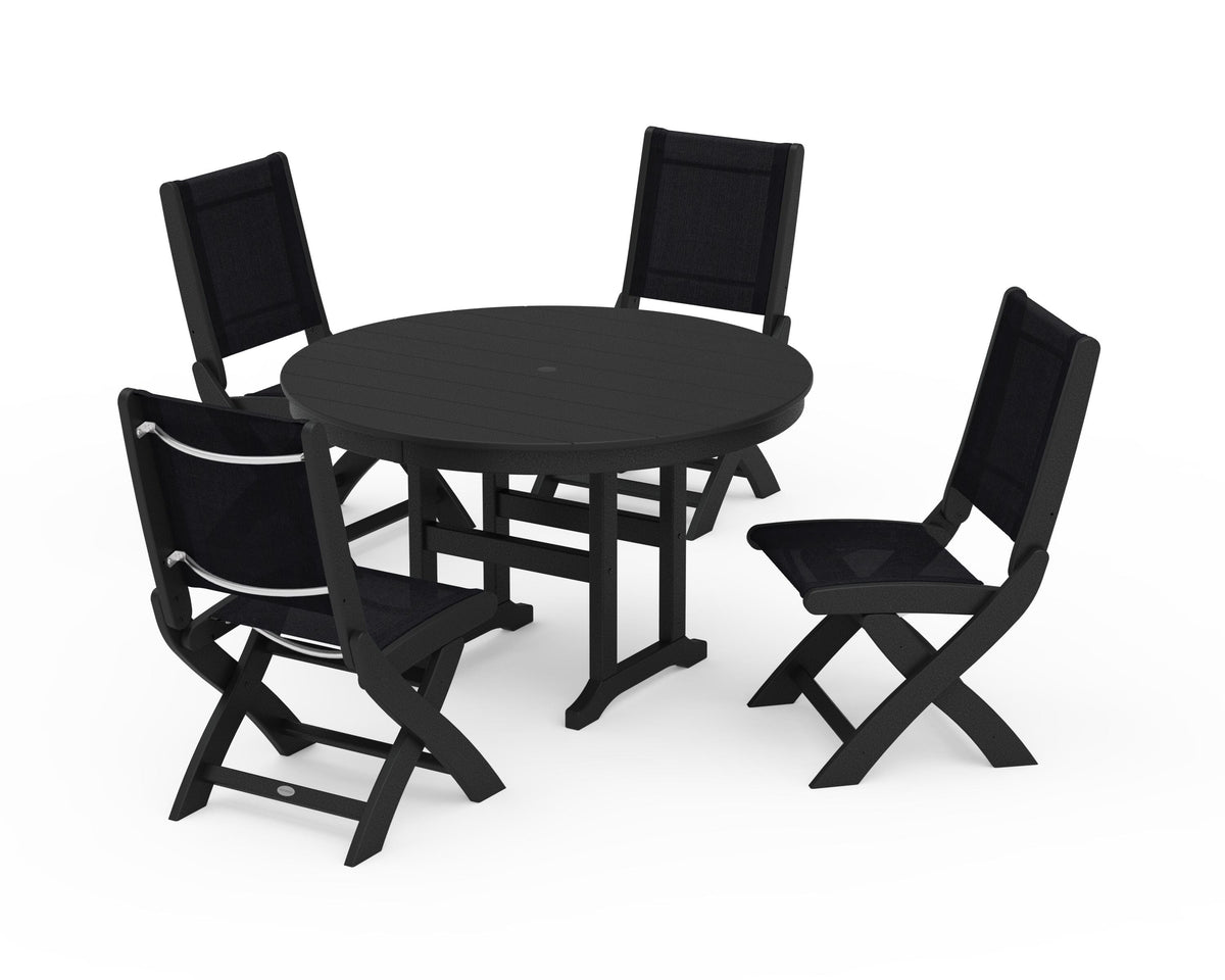 POLYWOOD Coastal Folding Side Chair 5-Piece Round Dining Set in Black / Black