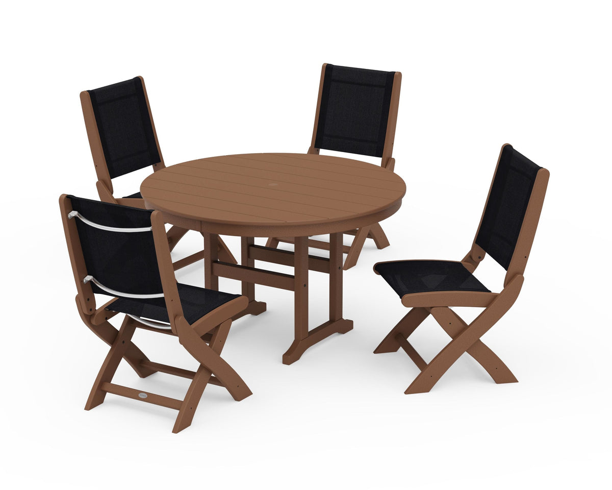POLYWOOD Coastal Folding Side Chair 5-Piece Round Dining Set in Teak / Black