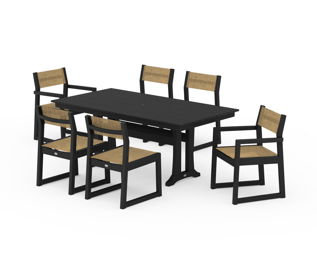 POLYWOOD EDGE Sling 7-Piece Farmhouse Trestle Dining Set in Black / Burlap