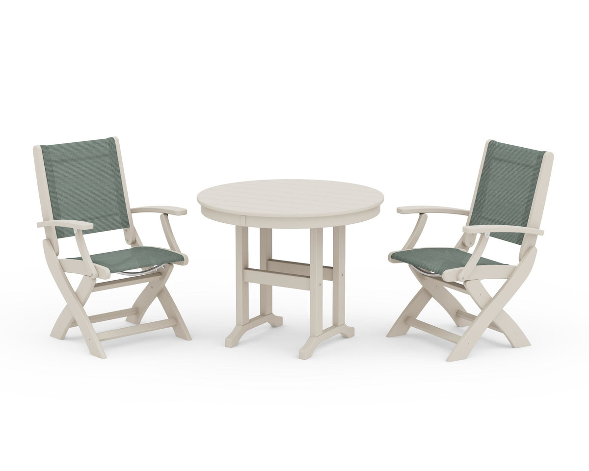 POLYWOOD Coastal Folding Chair 3-Piece Round Dining Set in Sand / Dupioni Sea Mist