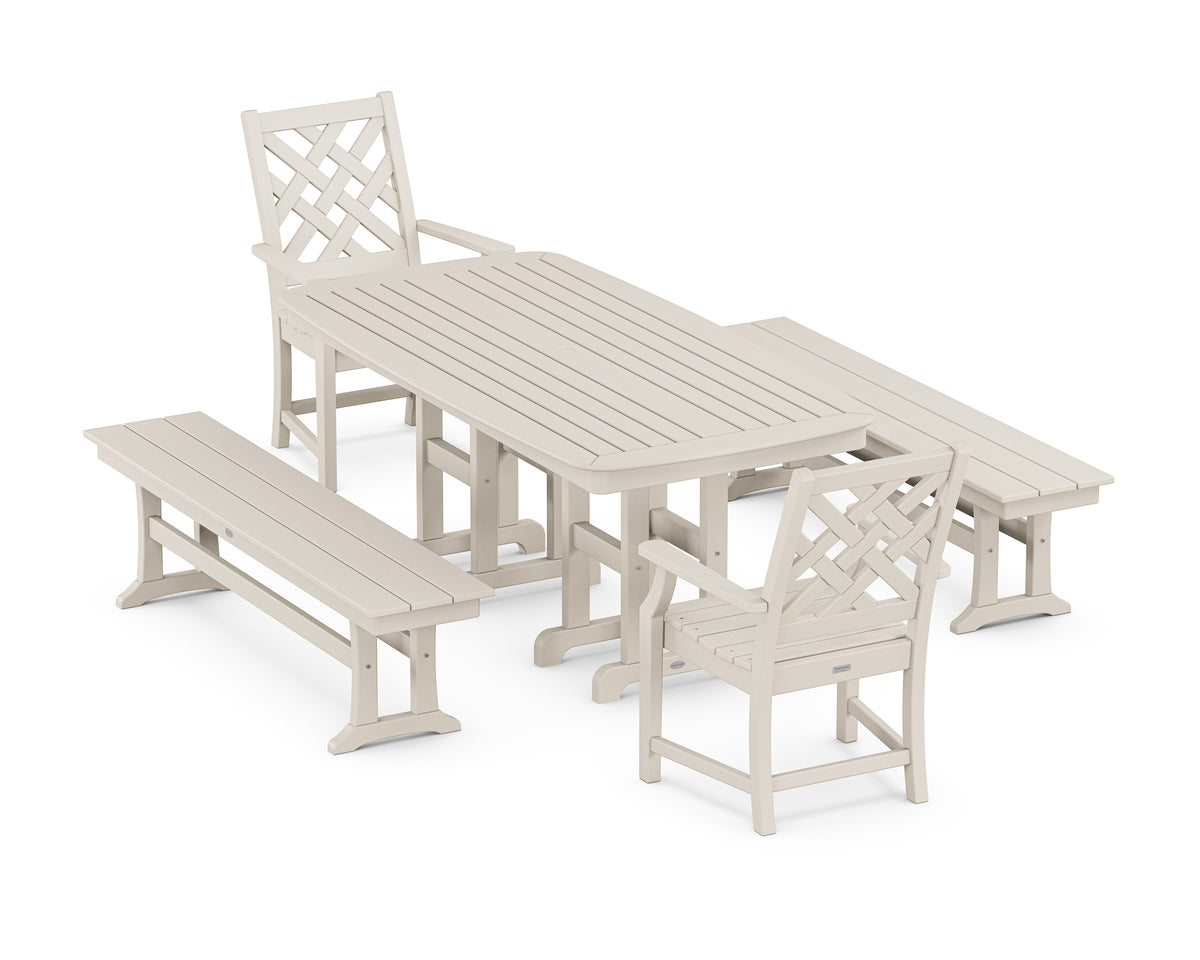 POLYWOOD Wovendale 5-Piece Dining Set with Benches in Sand