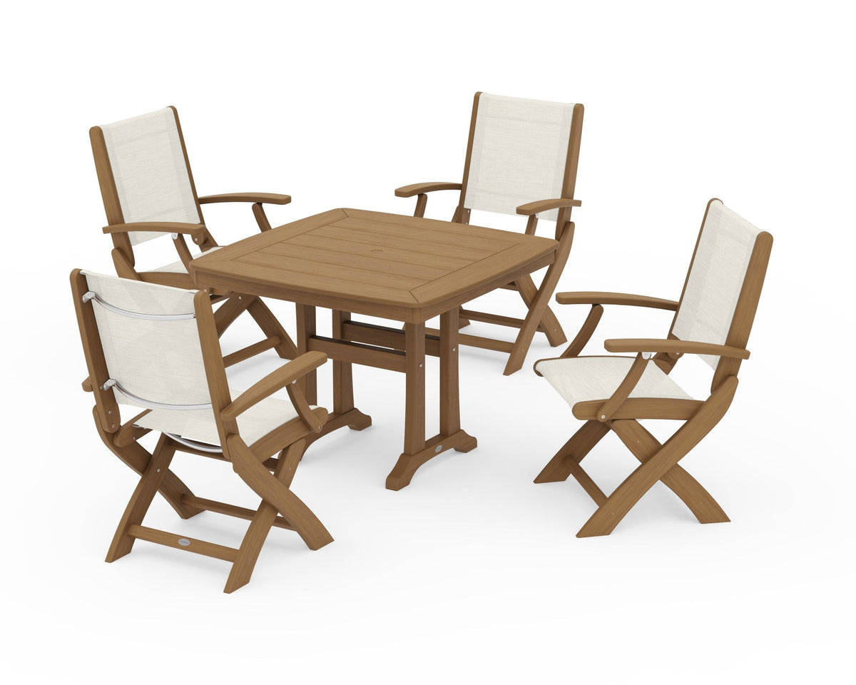 POLYWOOD Coastal Folding Chair 5-Piece Dining Set with Trestle Legs in Natural / Parchment