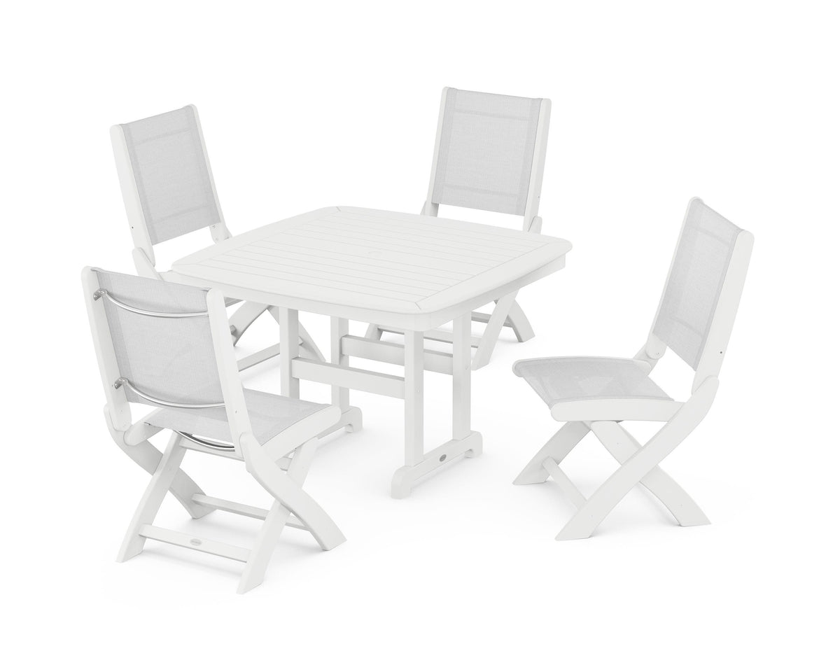 POLYWOOD Coastal Folding Side Chair 5-Piece Dining Set with Nautical 44" Dining Table in White / White