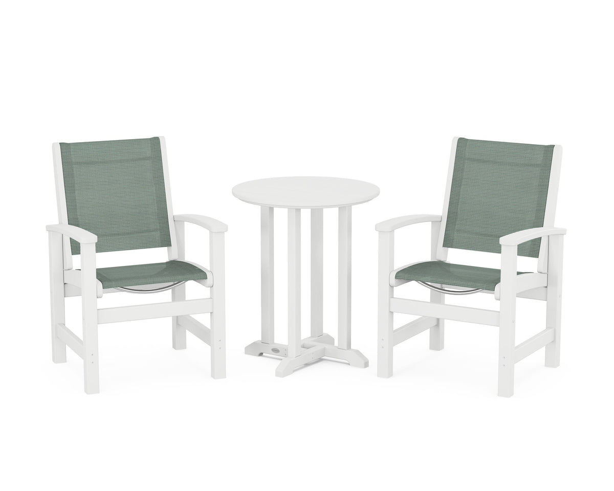 POLYWOOD Coastal 3-Piece Round Bistro Dining Set in White / Dupioni Sea Mist