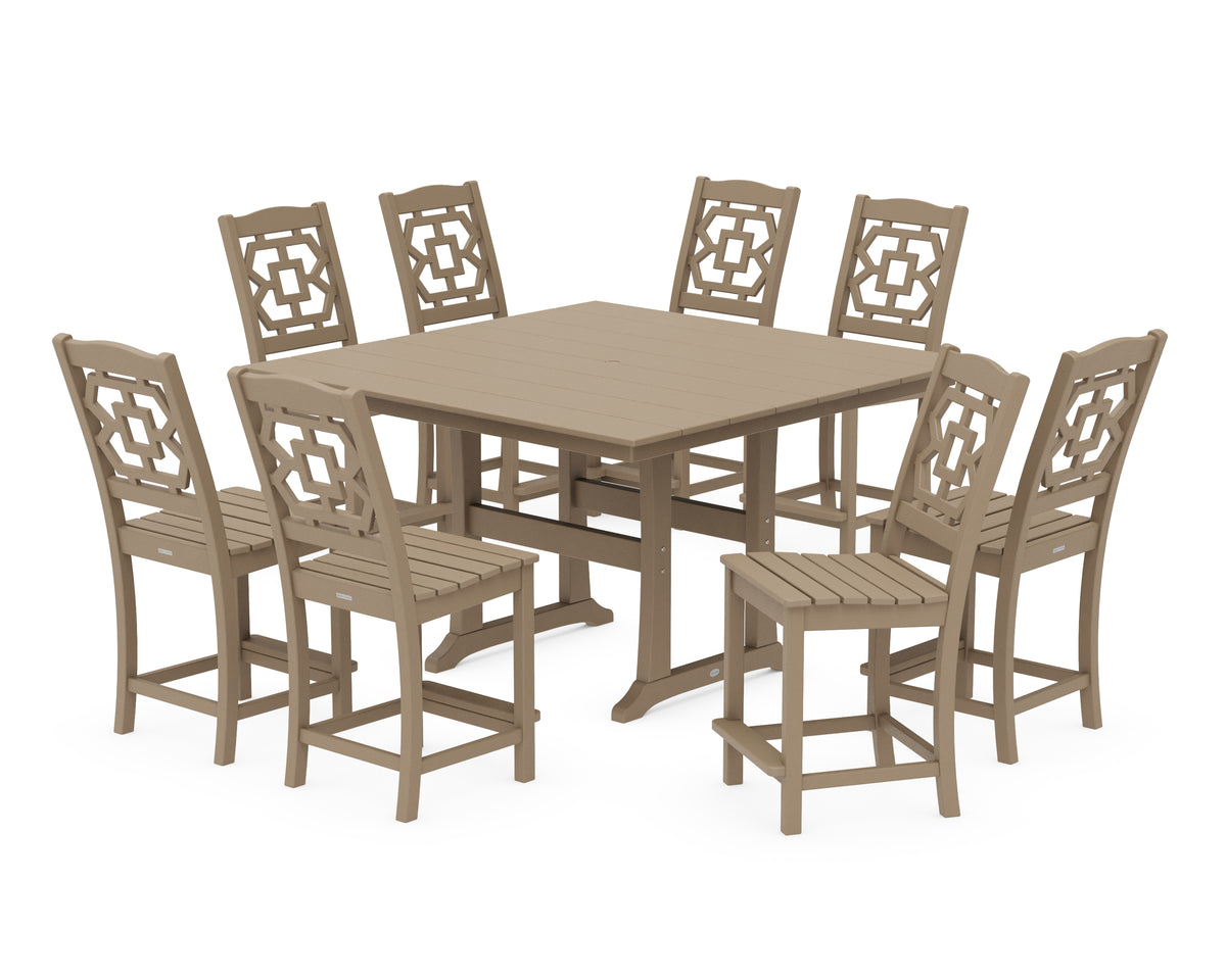 POLYWOOD Chinoiserie 9-Piece Square Farmhouse Side Chair Counter Set with Trestle Legs in Vintage Sahara