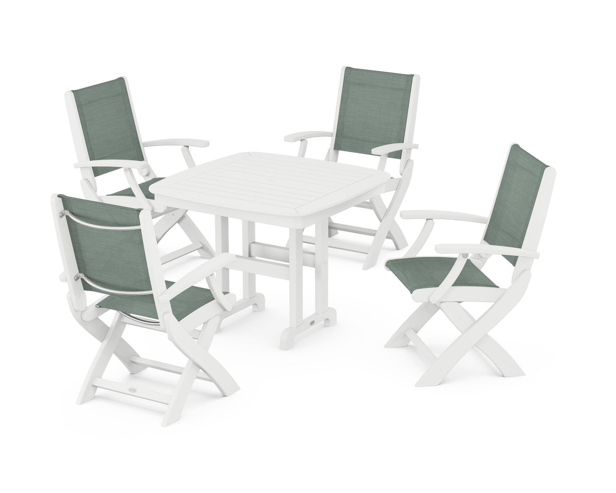 POLYWOOD Coastal Folding Chair 5-Piece Dining Set with Nautical 37" Dining Table in White / Dupioni Sea Mist