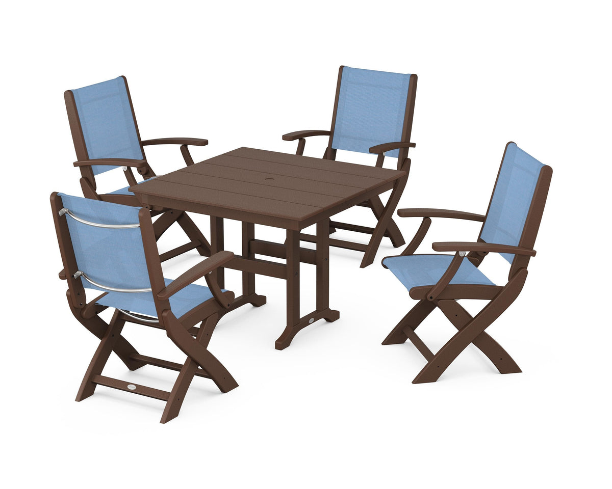 POLYWOOD Coastal Folding Chair 5-Piece Farmhouse Dining Set in Mahogany / Poolside
