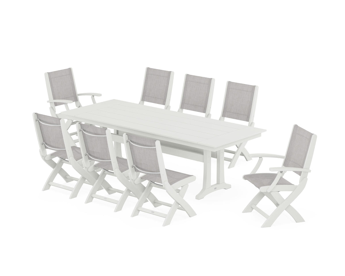 POLYWOOD Coastal 9-Piece Folding Dining Chair Farmhouse Dining Set with Trestle Legs in Vintage White / Parchment
