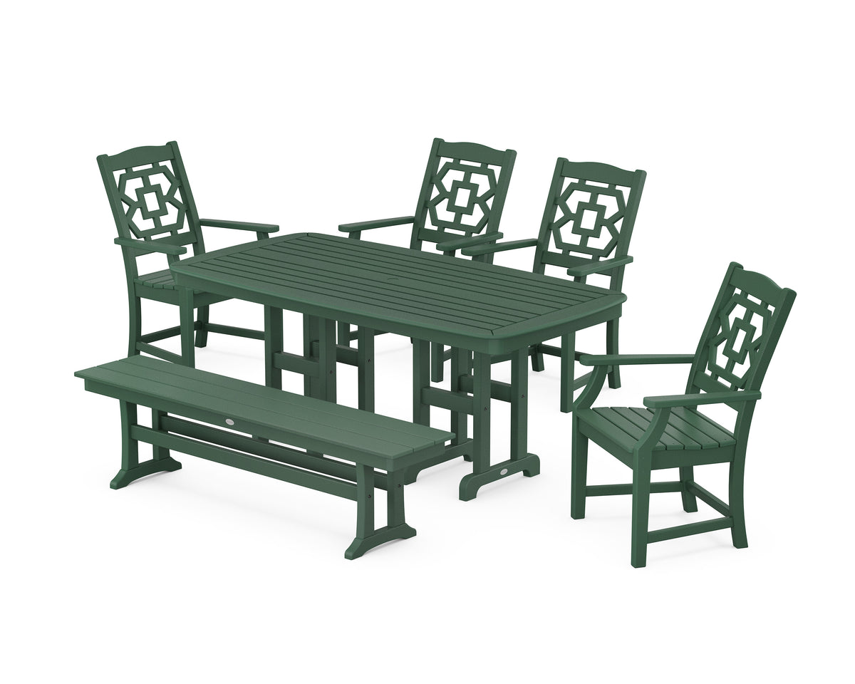 POLYWOOD Chinoiserie 6-Piece Dining Set with Bench in Green