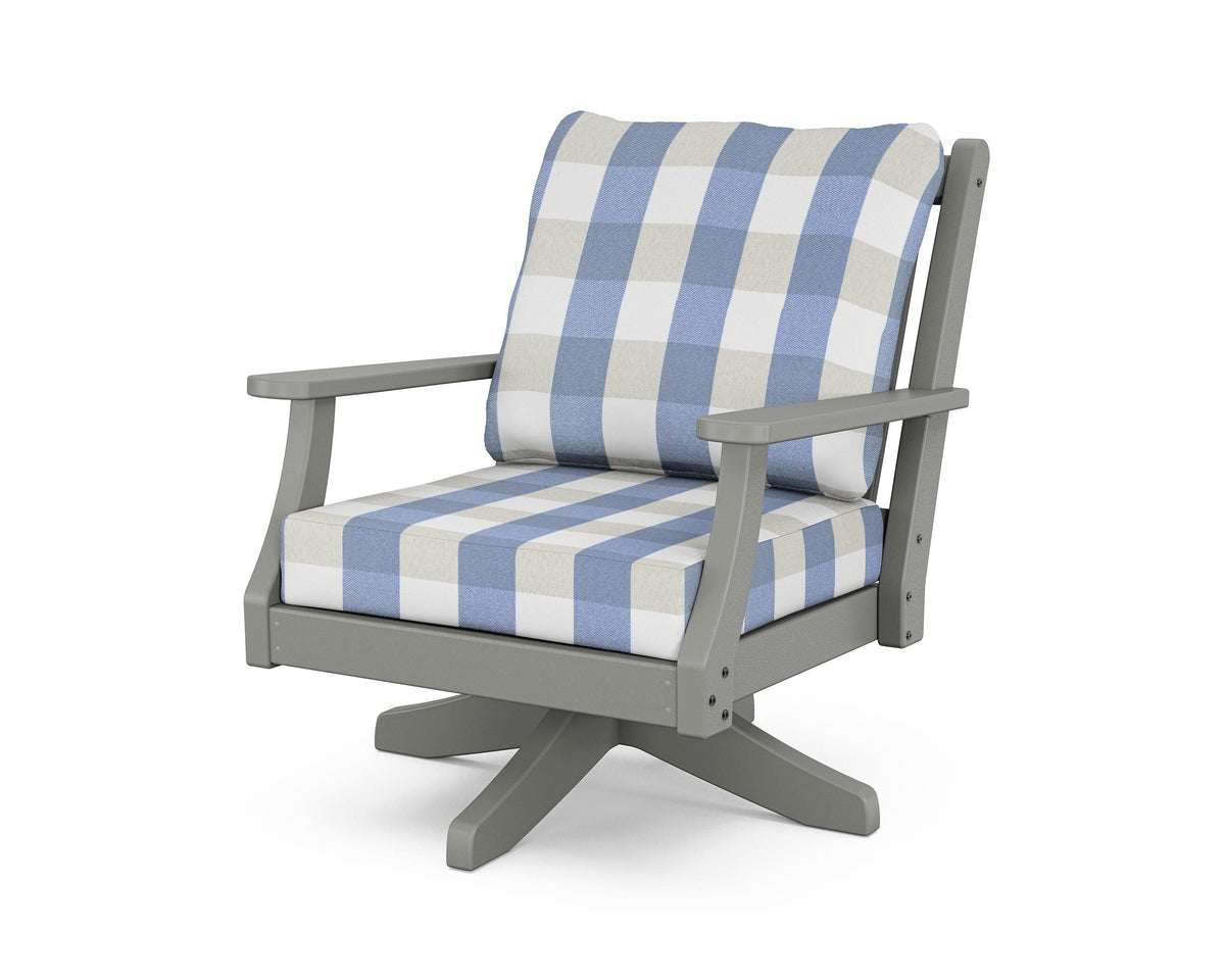 POLYWOOD Wovendale Deep Seating Swivel Chair in Slate Grey / Buffalo Plaid Sky Blue