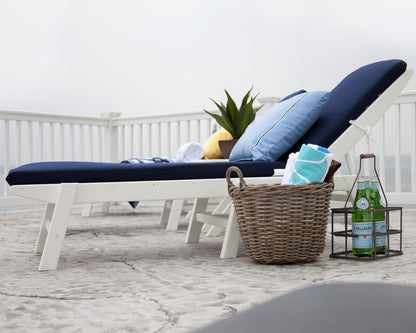 Lifestyle photo of the POLYWOOD Nautical Chaise with Wheels in White