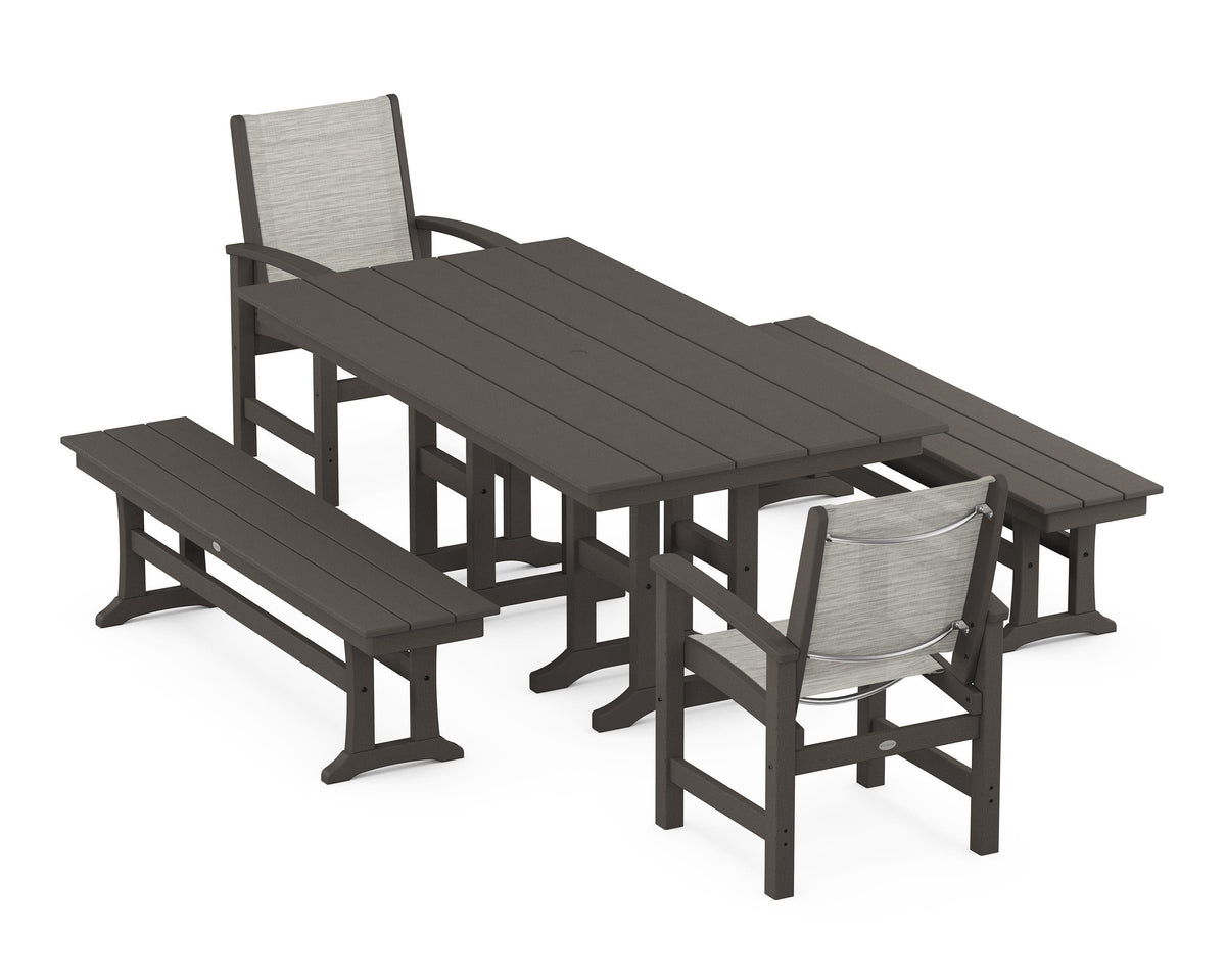 POLYWOOD Coastal 5-Piece Farmhouse Dining Set with Farmhouse 37" x 72" Dining Table in Vintage Coffee / Birch