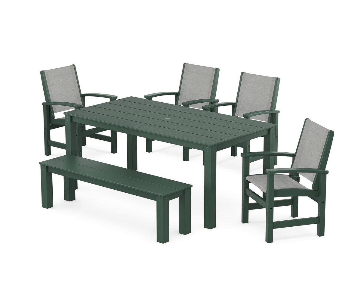 POLYWOOD Coastal 6-Piece Parsons Dining Set with Bench in Green / Metallic