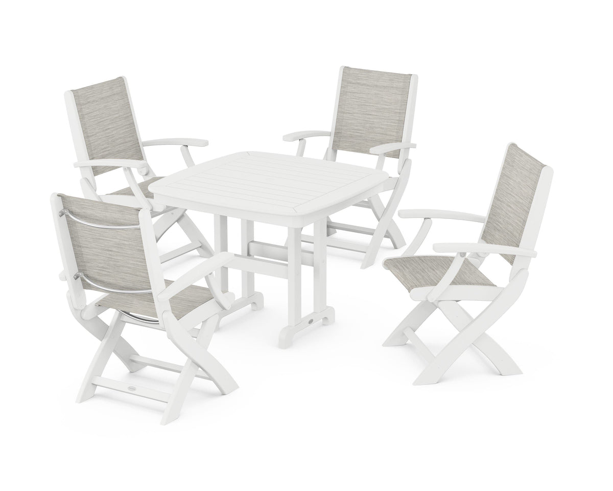 POLYWOOD Coastal Folding Chair 5-Piece Dining Set with Nautical 37" Dining Table in White / Birch