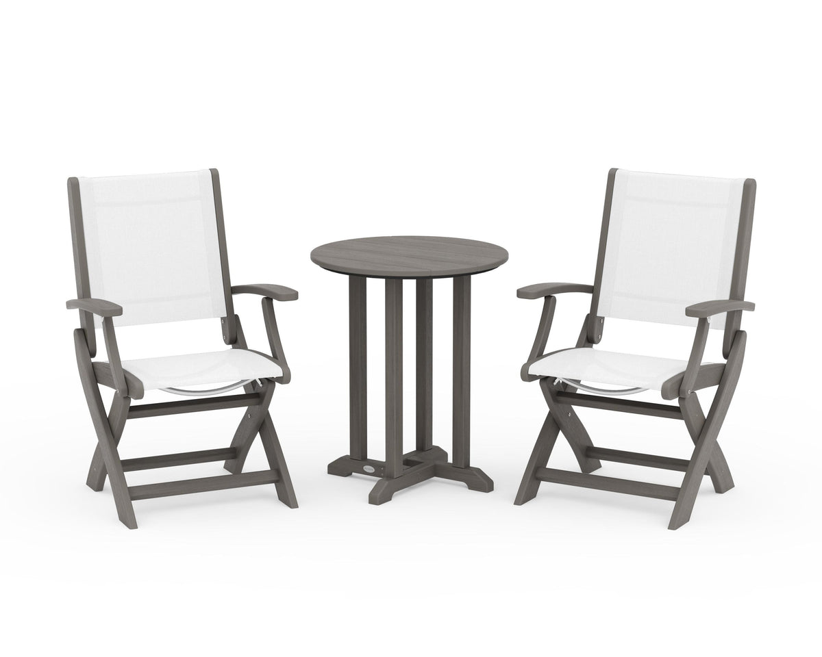 POLYWOOD Coastal Folding 3-Piece Round Bistro Dining Set in Driftwood / White