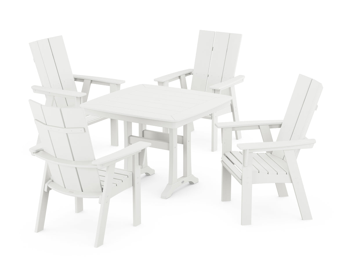 POLYWOOD Modern Adirondack 5-Piece Dining Set with Trestle Legs with Modern Curveback Adirondack Dining Chair in Vintage White