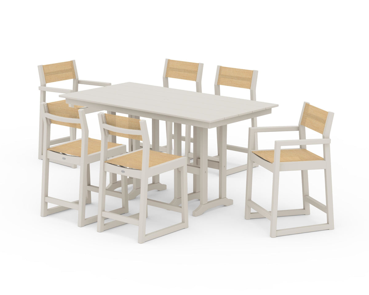 POLYWOOD EDGE Sling 7-Piece Farmhouse Counter Set with Trestle Legs in Sand / Dupioni Apricot