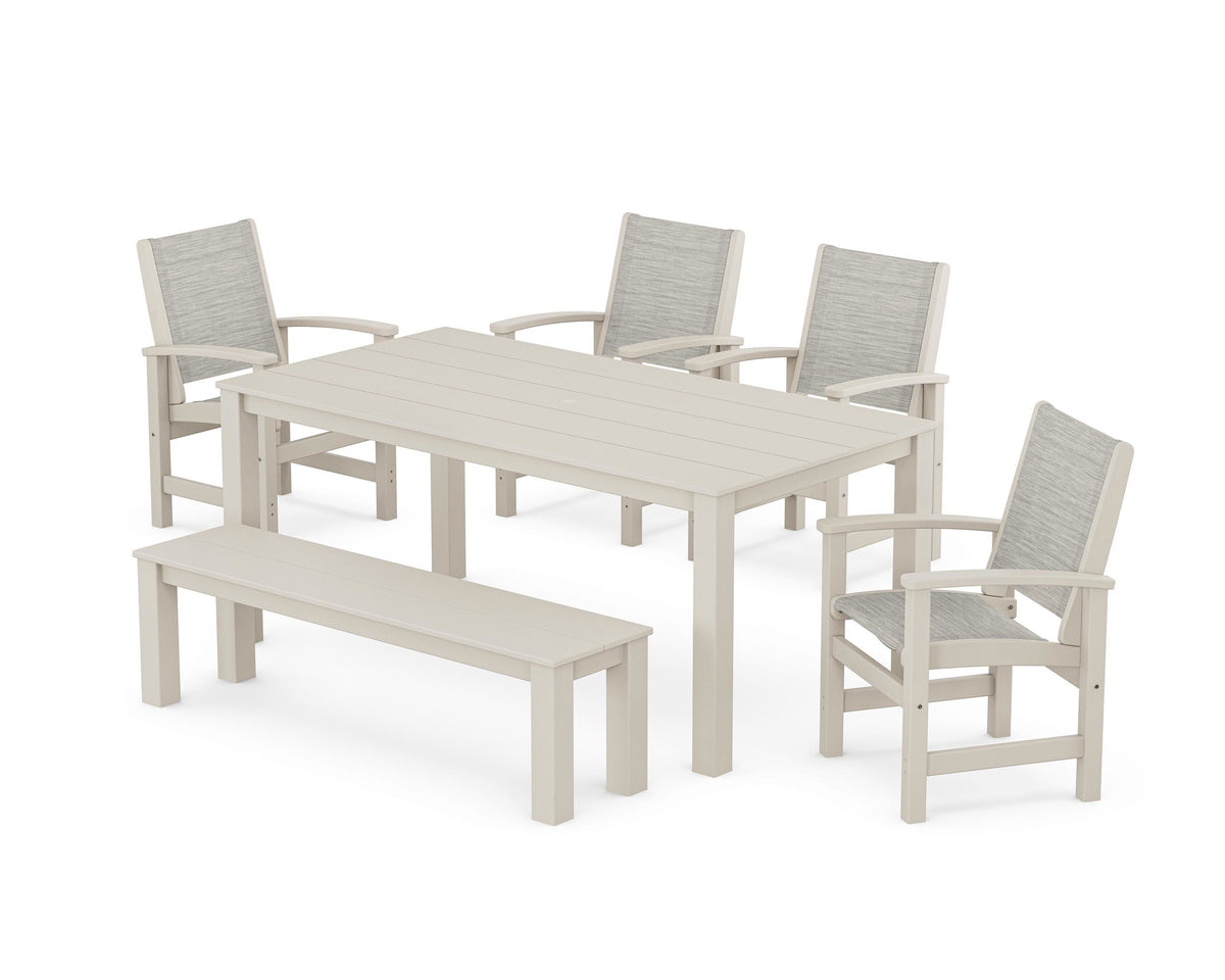 POLYWOOD Coastal 6-Piece Parsons Dining Set with Bench in Sand / Birch