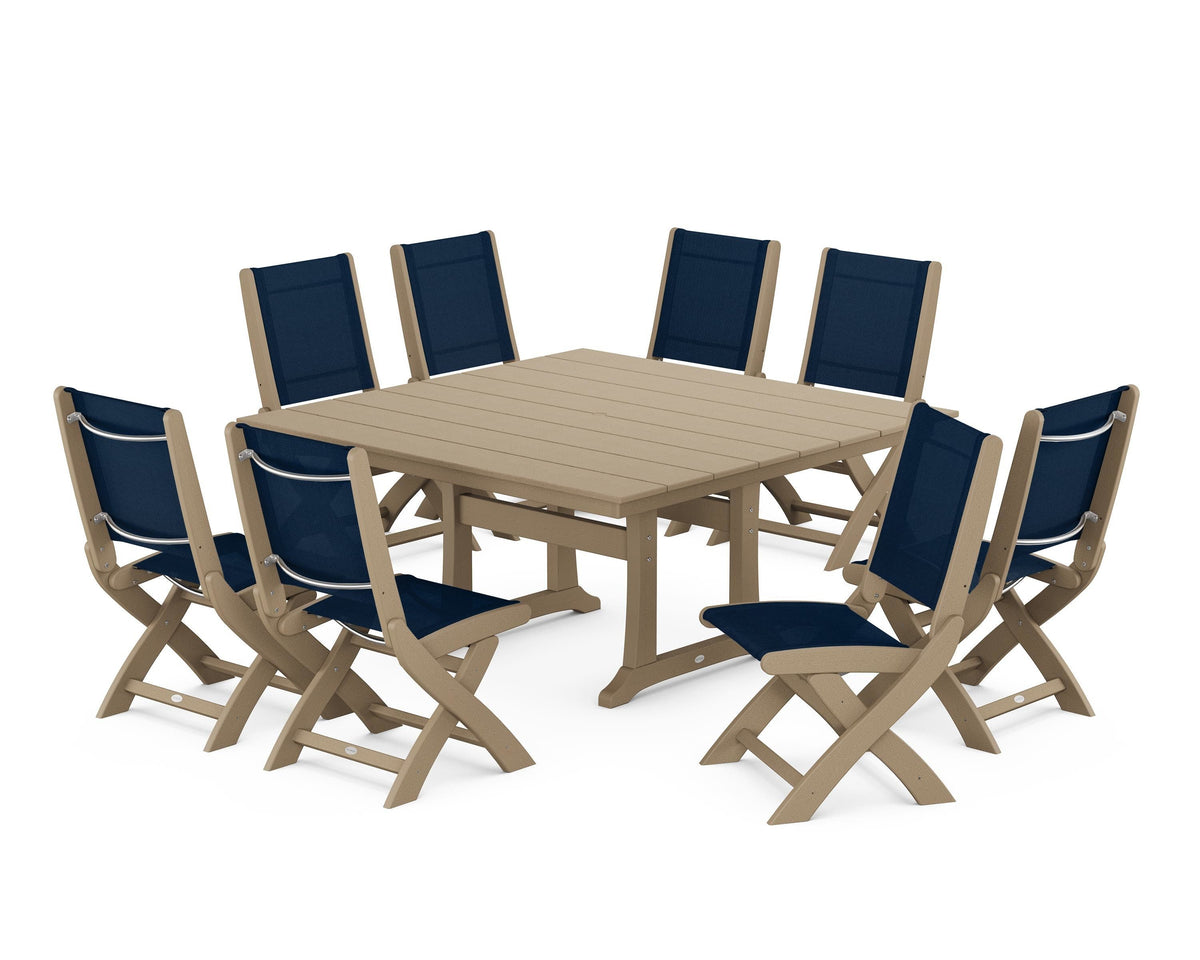 POLYWOOD Coastal Folding Side Chair 9-Piece Farmhouse Dining Set in Vintage Sahara / Navy Blue