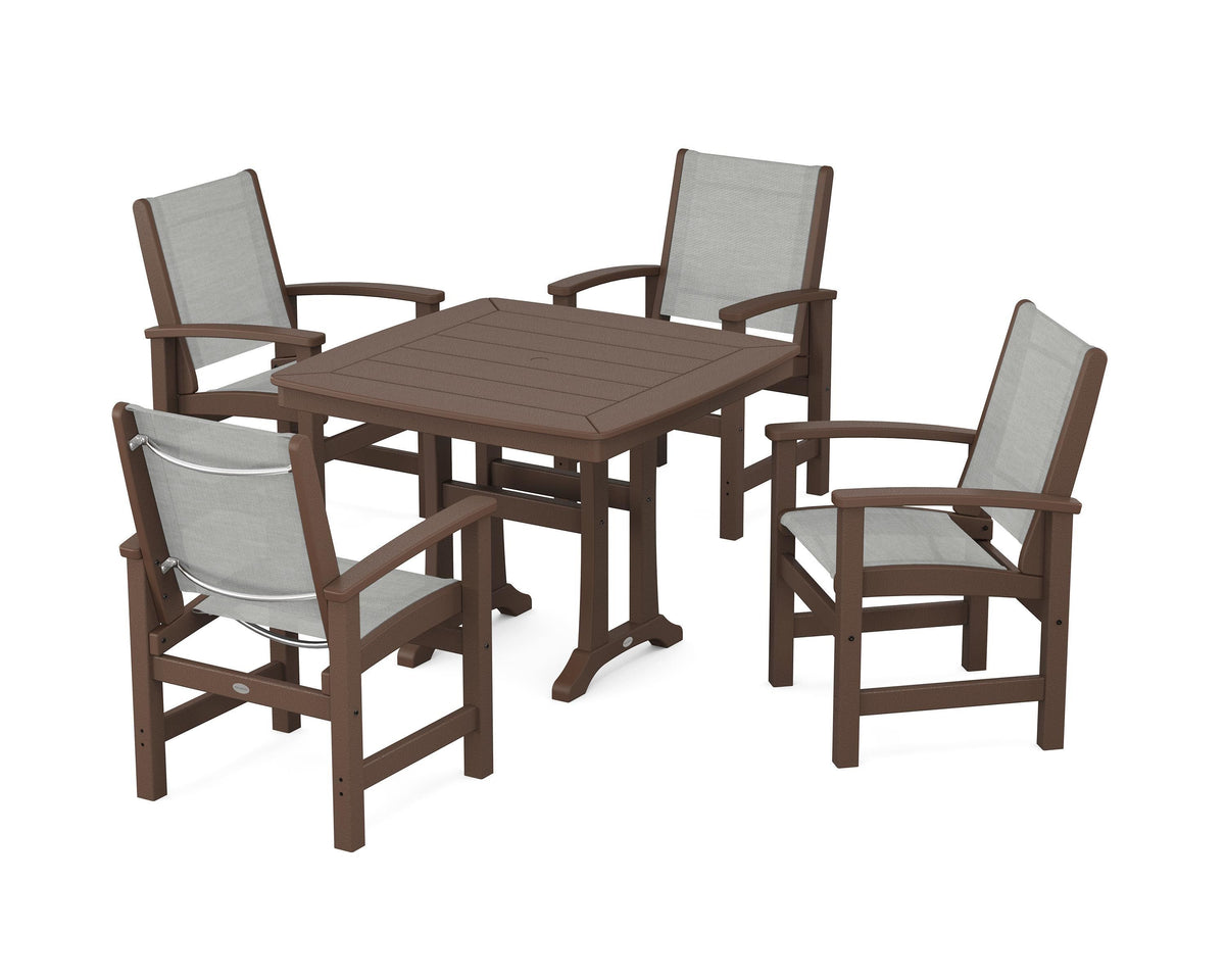 POLYWOOD Coastal 5-Piece Dining Set with Trestle Legs with Nautical Trestle 37" Dining Table in Mahogany / Metallic