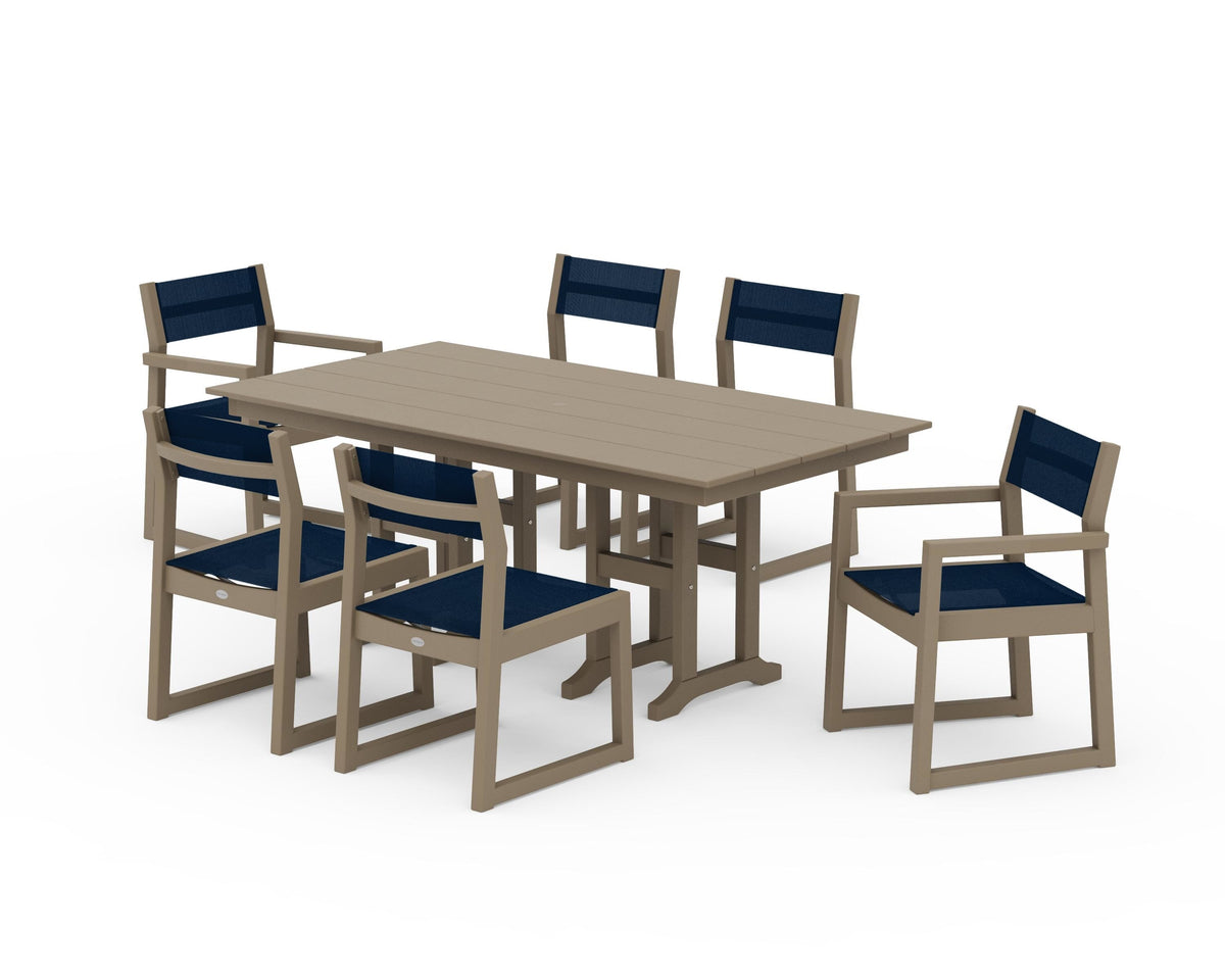 POLYWOOD EDGE Sling 7-Piece Farmhouse Dining Set in Vintage Sahara / Navy Blue