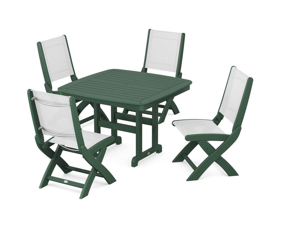 POLYWOOD Coastal Folding Side Chair 5-Piece Dining Set with Nautical 44" Dining Table in Green / White