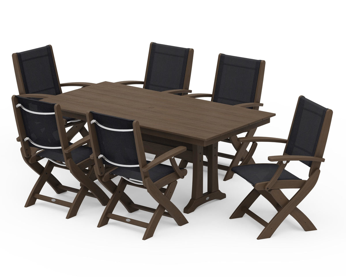 POLYWOOD Coastal Folding Arm Chair 7-Piece Farmhouse Dining Set with Trestle Legs in Kona / Black